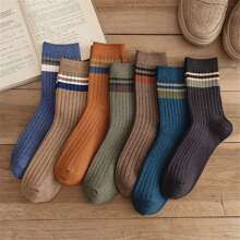 5pairs Men's Casual Plain Color Striped Socks, Anti-Odor Sweat-Absorbing Breathable Comfy Crew Socks, Men Socks