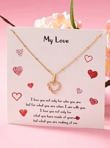 1件情人节礼品卡包装锆石心形LOVE精致吊坠项链，情人节送给妻子女友的礼物 - 金色 - 查看 20