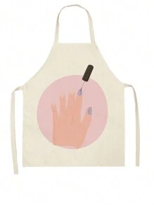 1pc Kitchen Utensils & Nail Art & Queen & Butterfly & Bird Printed Linen Apron - Pink - View 1