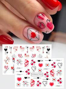 FULL BEAUTY 2入組浪漫紅色情書信情人指甲水貼,情人節禮物愛心線條裝飾指甲藝術貼紙,水轉印滑板刺青美甲(不含粘性) - 彩色 - 查看 1