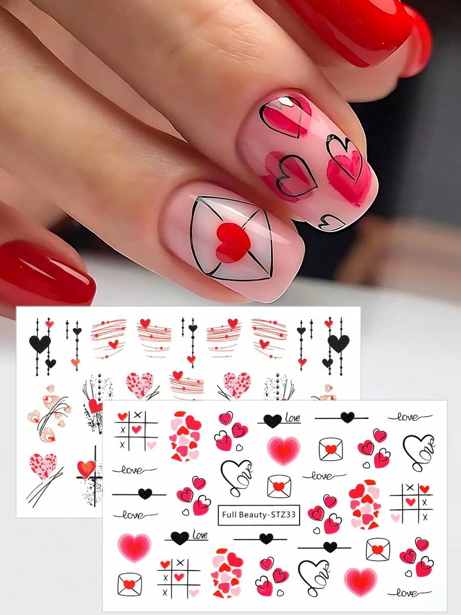 FULL BEAUTY 2入組浪漫紅色情書信情人指甲水貼,情人節禮物愛心線條裝飾指甲藝術貼紙,水轉印滑板刺青美甲(不含粘性) - 彩色 - 查看 1