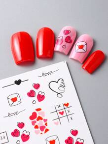 FULL BEAUTY 2入組浪漫紅色情書信情人指甲水貼,情人節禮物愛心線條裝飾指甲藝術貼紙,水轉印滑板刺青美甲(不含粘性) - 彩色 - 查看 7