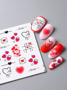 FULL BEAUTY 2入組浪漫紅色情書信情人指甲水貼,情人節禮物愛心線條裝飾指甲藝術貼紙,水轉印滑板刺青美甲(不含粘性) - 彩色 - 查看 6
