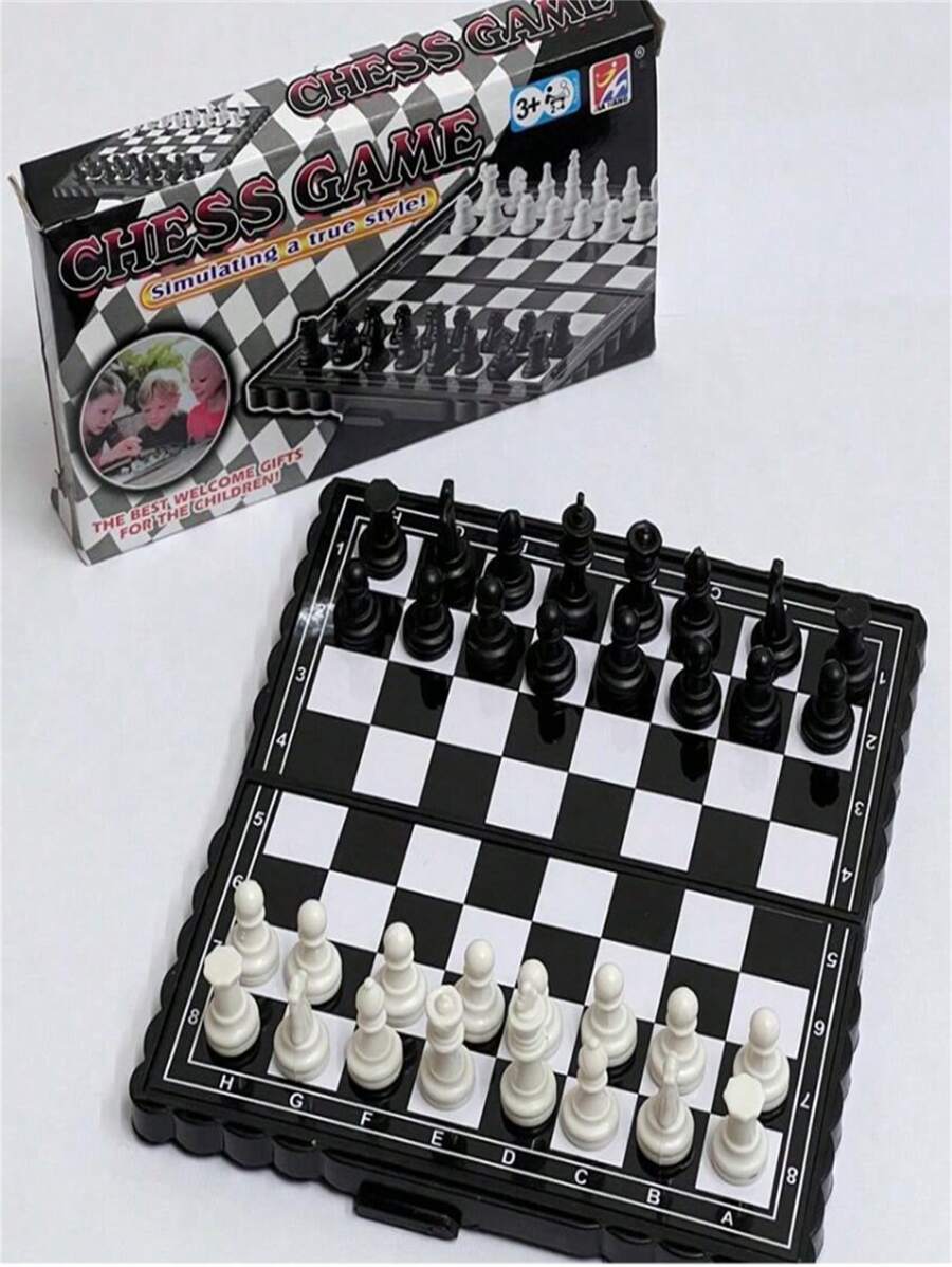 1set Mini International Chess Toy, Folding Magnetic Plastic Chessboard Board Games Portable-Suitable Brain Toys - Black and White - View 1