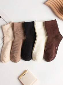 5 Pairs/Set Girls' Solid Color Stripe Patterned Casual Socks, Suitable For All Seasons, Suitable For Students, Suitable For Daily Wear, Perfectly Match With Leather Shoes Or Sneakers - Multicolor - View 1