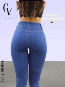 LADIES DENIM PANTS JEANS COLOMBIAN CUT PUSH UP BUTT LIFT - Medium Wash - View 3