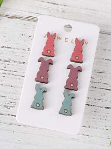 3雙/套復古復活節兔形狀彩色耳釘,時尚復活節配飾 - 彩色的 - 查看 5