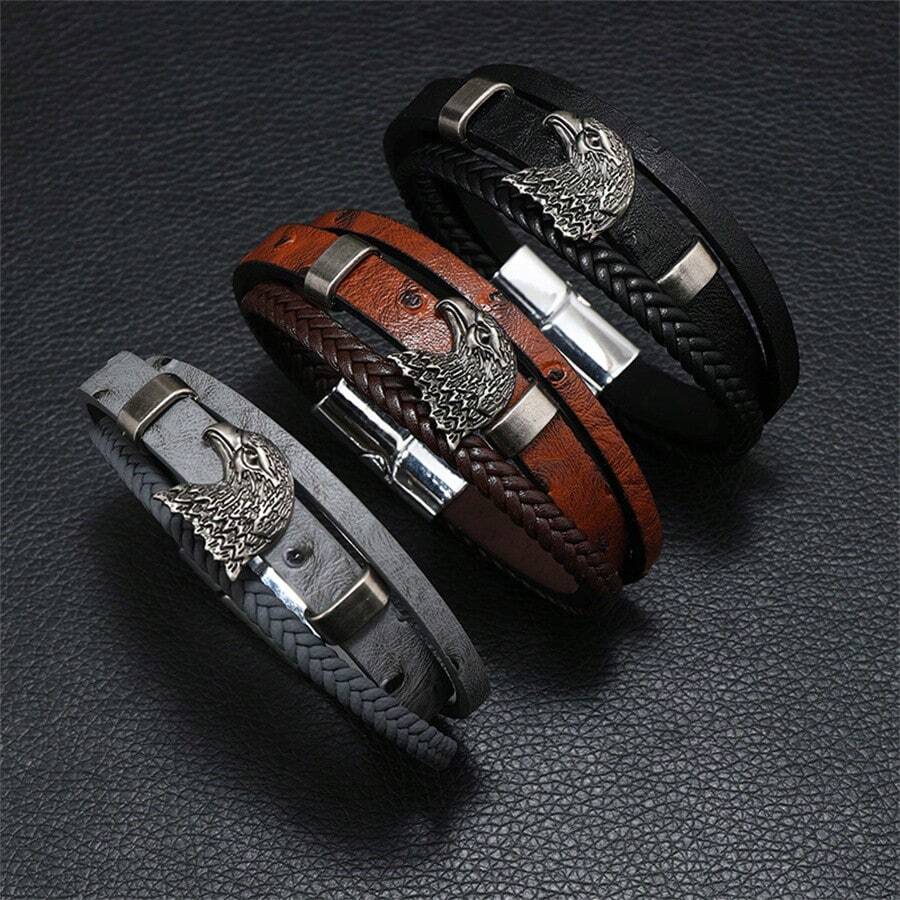 Cross-Border Simple And Fashionable Leather Rope Braided Men's Leather Bracelet Personalized Eagle Alloy Magnetic Buckle Bracelet - Multicolor - View 1