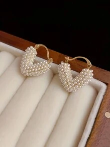 1对创意心形耳环，镶嵌人造珍珠，锌合金材质，优雅复古风格，女士约会耳环 - 白色 - 查看 2