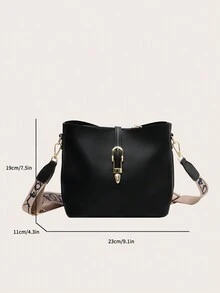 復古扣飾水桶形肩背手提包,女士豪華幾何背帶斜挎包,經典單肩包,仿皮休閒設計師復古時尚錢包,給媽媽的禮物,通勤上班、購物使用 - 黑色 - 查看 7