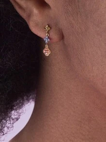 1pair 925 Sterling Silver Colorful Flower Petal & Tassel Dangle Earrings, Sweet & Lovely Design With Rhinestone Detailed, Minimalist Ear Accessories For Ladies Holiday Valentines