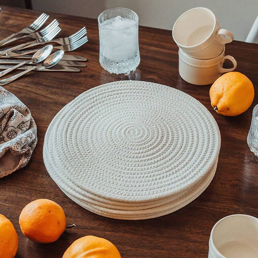 4pcs/1pc White Woven Placemats, Coffee Table Decor Coasters, Farmhouse Drink Table Coasters, Minimalist Home Decor Woven Placemats, Non-Slip Heat Resistant, Perfect For Your Dining Table Decor Set