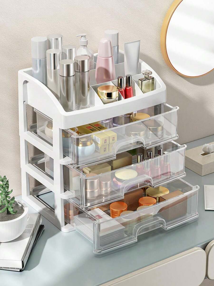 1 Pieza Caja De Almacenamiento Para Escritorio Para Suministros De Oficina, Organización De Baño, Estantería Moderna De Almacenamiento Multi-capa Y Multifuncional, Caja De Almacenamiento De Alta Capacidad Para Escritorio Y Tocador, Caja De Almacenamiento De Cosméticos, Adecuada Para Dormitorio, Sala De Estudio, Baño, Oficina - Blanco - Ver 1
