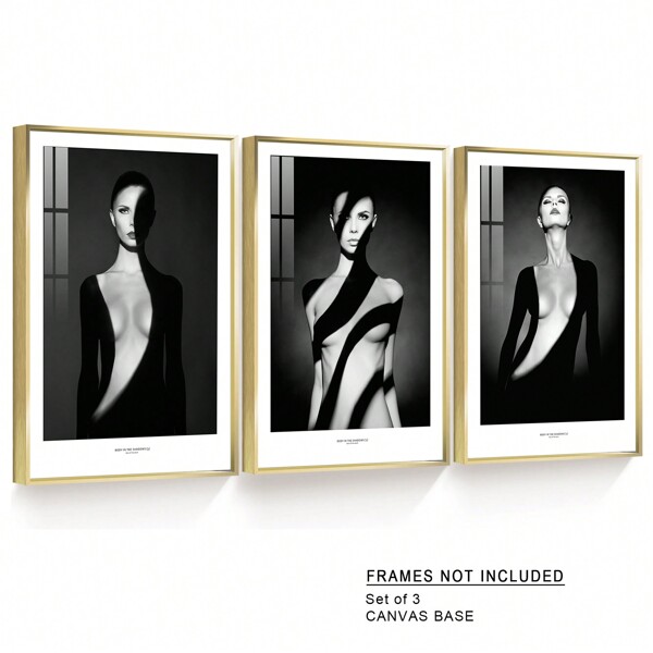 3pcs Black & White Human Body Art Decoration Painting, Fashionable Minimalist INS Style Poster, Nordic Style Home Wall Decor, Female Portrait Poster, Minimalist Home Decor, Thick Canvas Material Spray Painting, Wall Art For Bedroom, Living Room, Kitchen, Walk-In Closet, Dining Room And Hotel Walls