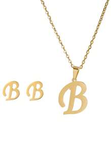 3 件/套不锈钢镀 18K 黄金首饰套装带耳钉字母吊坠耳环和项链女士复古首饰套装情人节礼物 - 金黃色 - 查看 3