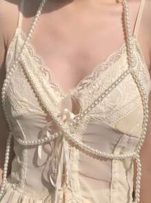 1pc Sexy Versatile Body Jewelry Chain For Women, Personalized Exaggeration Handmade Beaded Pearl Chest Chain - White - View 8