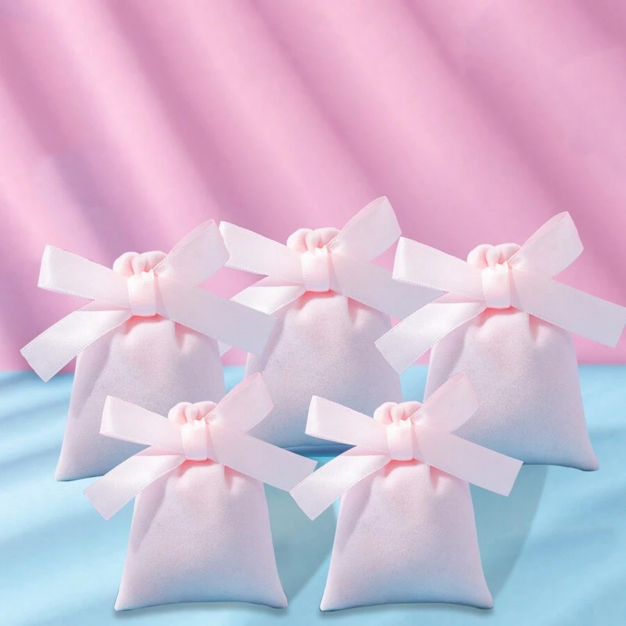 5pcs Jewelry Velvet Drawstring Bags Candy Gift Packaging Pouch Makeup Birthday Wedding Party Wrapping Valentine'S Day Supply Sack - Pink - View 1