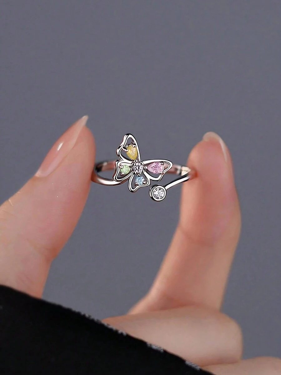 1 Máy Tính Thời Trang Bạc 925 Nhiều Màu Sắc Đính Đá Cubic Zirconia Bướm Mở Có Thể Điều Chỉnh Với Cổ Điển Phong Cách Ngọt Ngào Thiết Kế Trang Sức Quà Tặng - Bạc - Xem 1