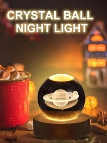 1入3d玻璃球夜燈,創意奇幻裝飾,配有星系水晶球和木質底座,適用於家居辦公室臥室桌面裝飾,房間裝飾