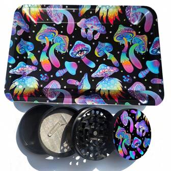 1 Set 2.4inch Large Grinder Set With Metal Rolling Tray For Halloween Festival Cigarette Accessory, Rolling Tray Set For Smoking-Fantastic Mushrooms, Gift For Friends And Family