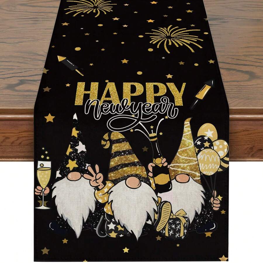 新年快樂桌旗,乾杯煙火鐘節日廚房餐桌裝飾適合家庭派對裝飾 13x72 英寸 - 黑色 - 查看 1