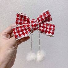 1入秋冬犬牙大蝴蝶結珍珠貂毛吊飾手工鱷魚夾，適用於兒童和女孩 - 紅色 - 查看 6