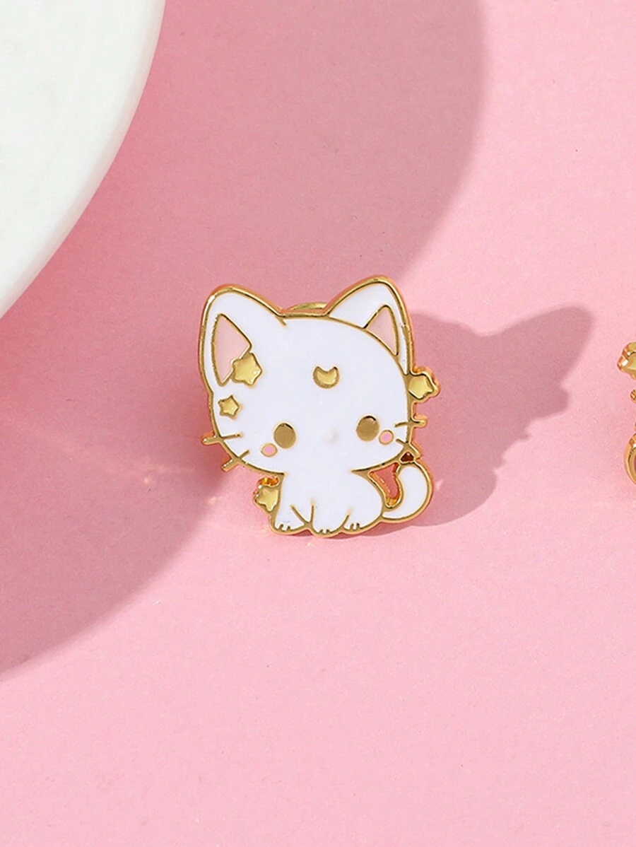 1入組可愛卡通動物系列油滴效果星星、月亮、貓頭針,適用於帽子、包包、衣物裝飾。是節日禮物的理想選擇 - 白色 - 查看 1