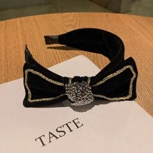 1入組女士絲絨頭帶,帶金色邊緣和蝴蝶結設計,diy鑽石裝飾,寬髮帶適合情人節,約會和派對 - 黑色 - 查看 2