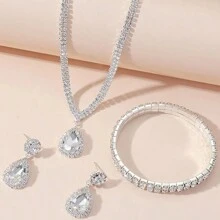 1套經典時尚優雅的水滴形項鍊,耳環和手鐲套裝,鑲有水晶鑽,適合各種派對和日常穿著 - 銀色 - 查看 4