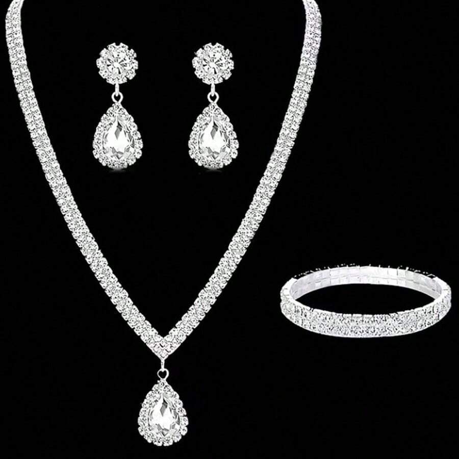 1套經典時尚優雅的水滴形項鍊,耳環和手鐲套裝,鑲有水晶鑽,適合各種派對和日常穿著 - 銀色 - 查看 1