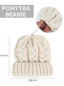 2入組高馬尾毛線帽,冬季保暖毛線帽,適合女性,柔軟彈性提花毛線帽,時尚優雅 - 黑色+米色 - 查看 4