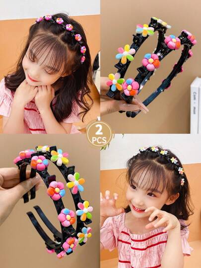 2pcs Girls' Sweet & Lovely Colorful Braided Flower Headband