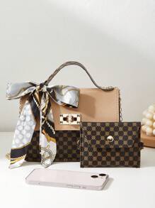 Women's 2-Piece Combination Bag Set With Shoulder Crossbody Chain Bag And Scarf Handbag - Coffee Brown - View 3