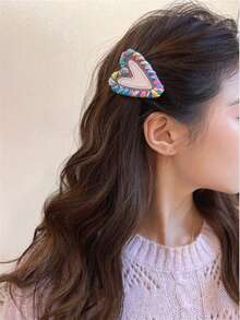 1入組情人節女士髮夾，甜美時髦的色塊愛心邊髮夾，女友禮物，Y2K美學多巴胺七彩鱷魚夾側夾髮夾 - 彩色 - 查看 3