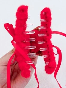 1 件青少年女孩農曆新年和聖誕節紅色髮飾,秋冬帶毛絨刺繡兔子和流蘇,4.5 英寸中號髮夾 - 紅色 - 查看 3