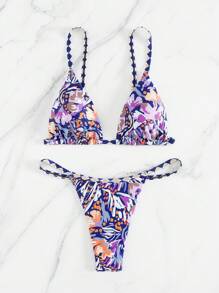 新品时尚性感全印花三角杯上衣和丁字裤比基尼套装夏季