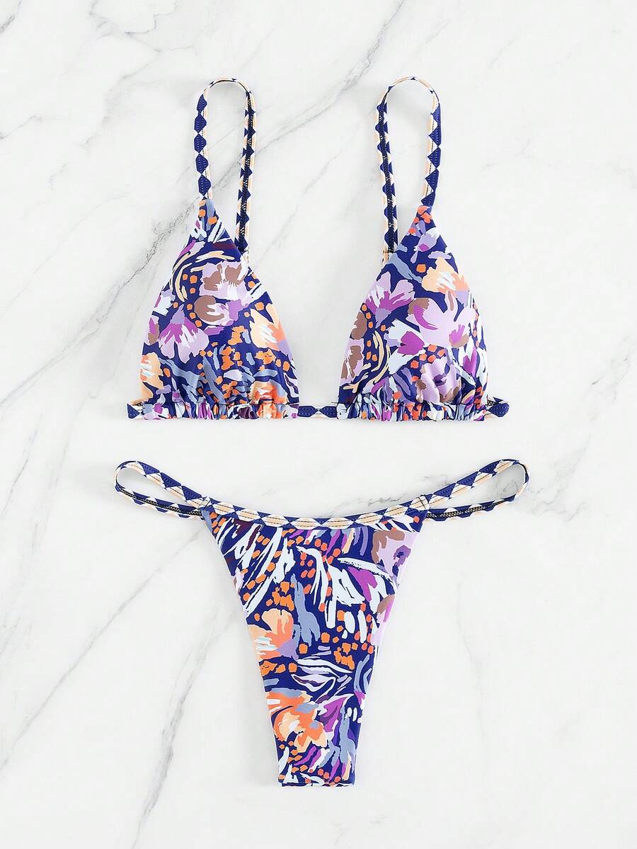 新品时尚性感全印花三角杯上衣和丁字裤比基尼套装夏季