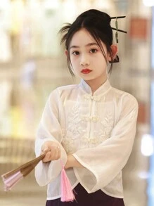 青少女白色復古刺繡珠飾上衣旗袍風格長袖夾克 - 白色 - 查看 3