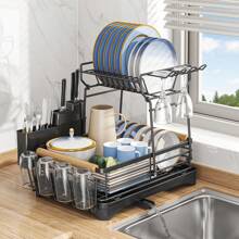 2-tier Dish Drying Rack With Drainboard, Large Capacity Multifunctional Kitchen Utensils Organizer For Storage - Black - View 1