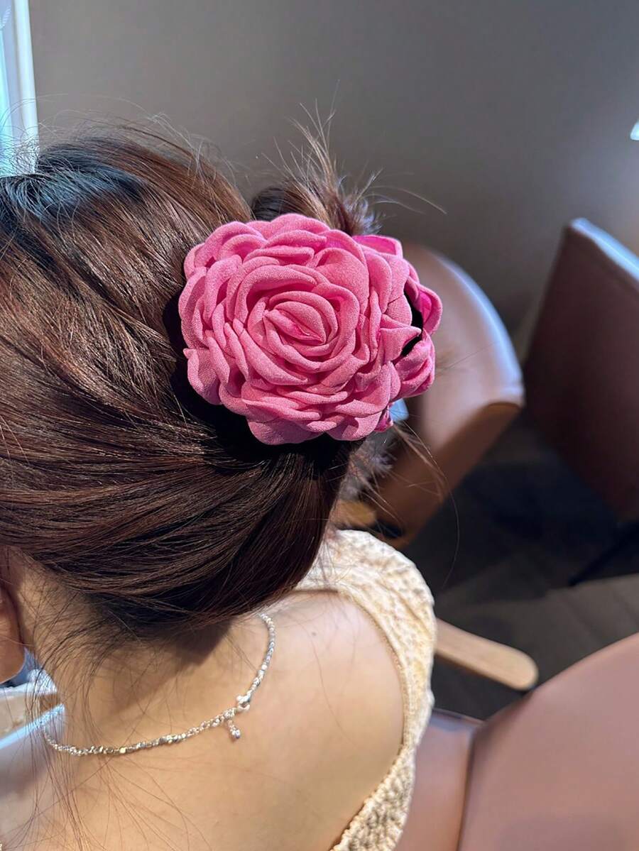 1入組 女性花卉布料法式捲曲的乾玫瑰髮夾，多層花瓣髮夾，適合日常穿著 - 玫紅色 - 查看 1