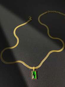 Conjunto de collar y aretes de acero inoxidable cuadrados con cristal verde y circonita cúbica, un conjunto de joyas de moda, adecuado para uso diario