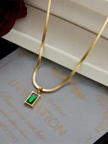 Conjunto de collar y aretes de acero inoxidable cuadrados con cristal verde y circonita cúbica, un conjunto de joyas de moda, adecuado para uso diario