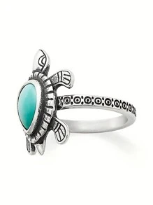 1pc Vintage Turtle Ring With Teardrop Shaped Rhinestone In Bohemian Style, Perfect For Daily Wear