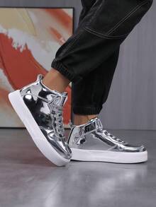 Zapatos De Skate Plateados De Alta Gama Brillante Para Hombre Con Cordones, Perfectos Para Fiestas Y Ropa De Calle - Plateado - Ver 2