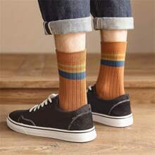 5pairs Men's Casual Plain Color Striped Socks, Anti-Odor Sweat-Absorbing Breathable Comfy Crew Socks, Men Socks