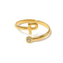 1個女士字母系列鈦鋼18k鍍金鑽石鑲嵌開放式指環 - 金色 - 查看 18