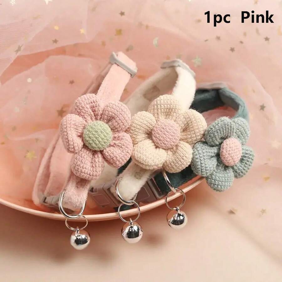 1入組可愛的針織鈴鐺項圈,可調節的貓/小狗項鍊,可愛的貓貓項圈帶花朵裝飾和鈴鐺 - 給您毛茸茸的朋友裝飾的完美選擇！ - 粉色 - 查看 1