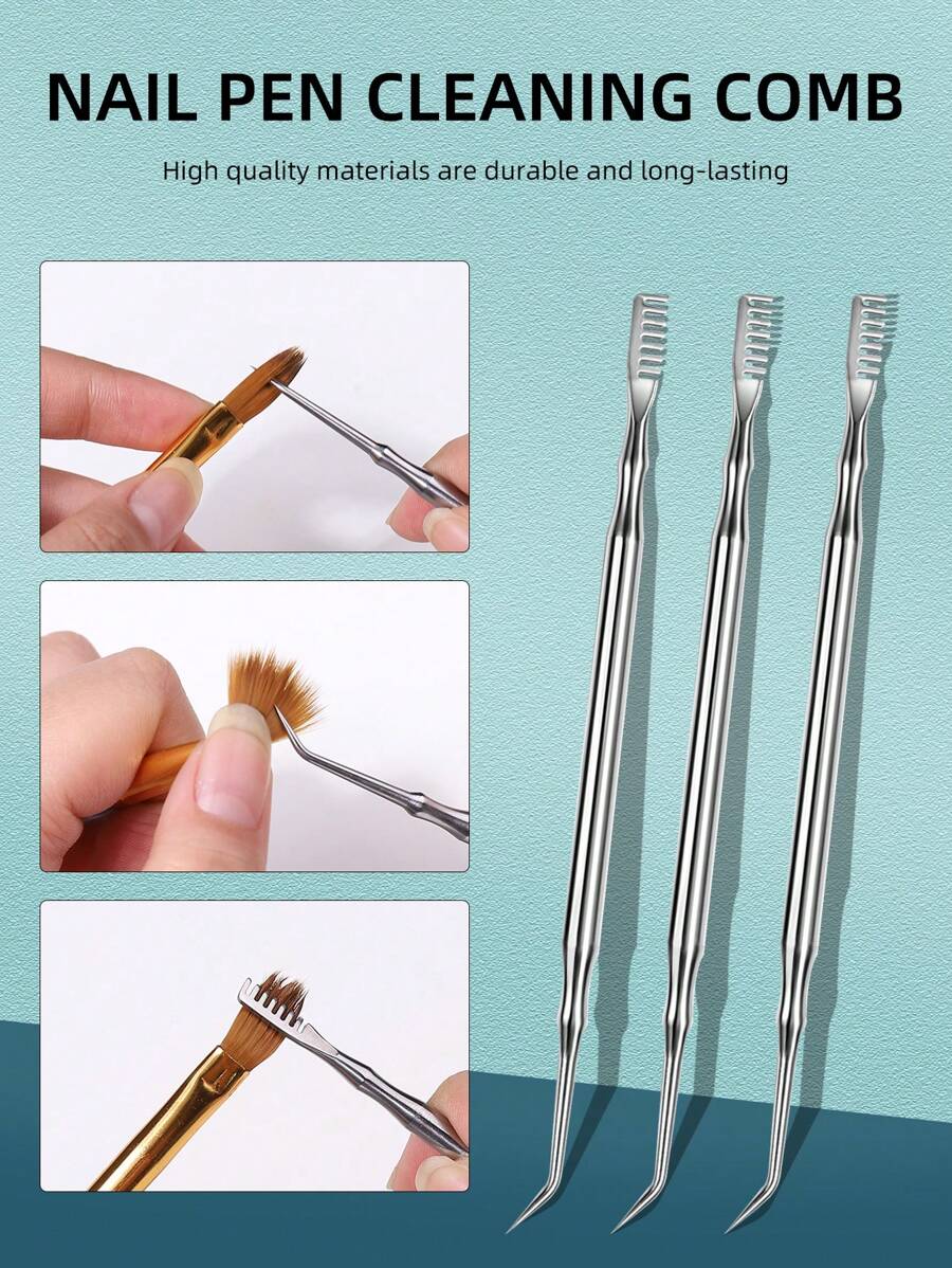 水晶笔不锈钢清洁梳，带双头刷和笔，适用于水晶液体，耐腐蚀。结合钢针和眉梳，美甲用品，美甲工具，美甲工具，返校，指甲，按压指甲用美甲工具 - 銀色 - 查看 1