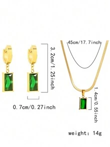 Conjunto de collar y aretes de acero inoxidable cuadrados con cristal verde y circonita cúbica, un conjunto de joyas de moda, adecuado para uso diario