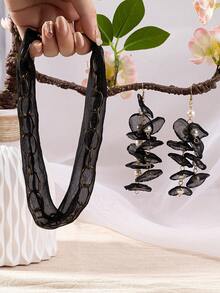 1套3入2024新潮流簡約獨特設計高端優雅面料手工黑色耳環,配可調節項鍊/頸帶,適合女士生日慶祝、節日派對和日常穿著（黑色金色） - 彩色 - 查看 6